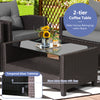 Gray 2-tier coffee table with tempered glass top, made of durable PE rattan, ideal for outdoor patio use.