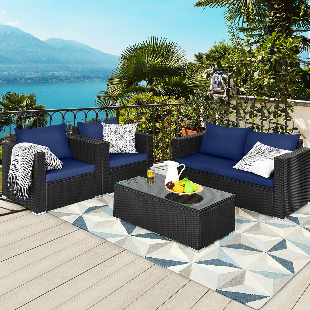 4 Pieces Patio Rattan Conversation Set with Padded Cushions-Navy - Gallery View 1 of 13