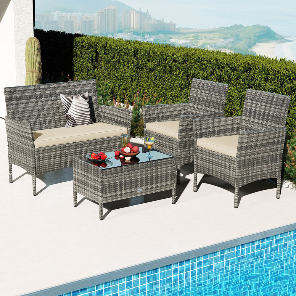 4 Pieces Patio Rattan Conversation Set with Tempered Glass Coffee Table-Beige - Gallery View 1 of 9