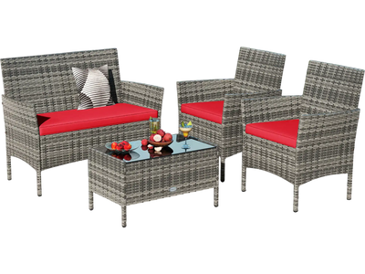 Costway 4-Piece Patio Rattan Conversation Set w/ Tempered Glass Coffee Table Red 853974612 New