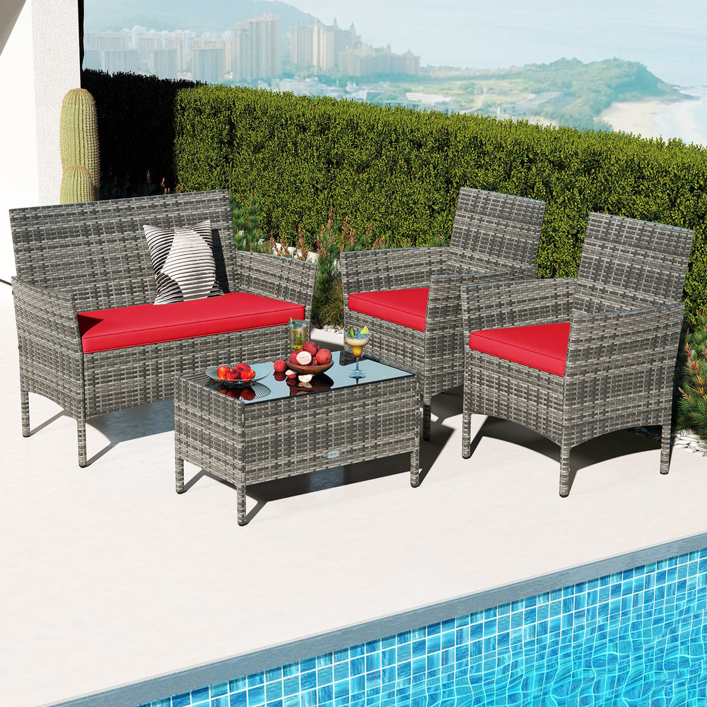 4 Pieces Patio Rattan Conversation Set with Tempered Glass Coffee Table-Red - Gallery View 1 of 9