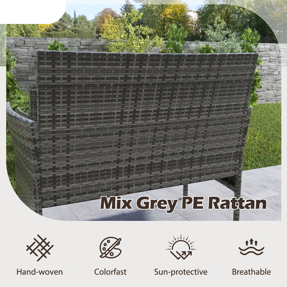 Mix grey PE rattan loveseat with ergonomic backrest and soft cushions, perfect for backyard relaxation.