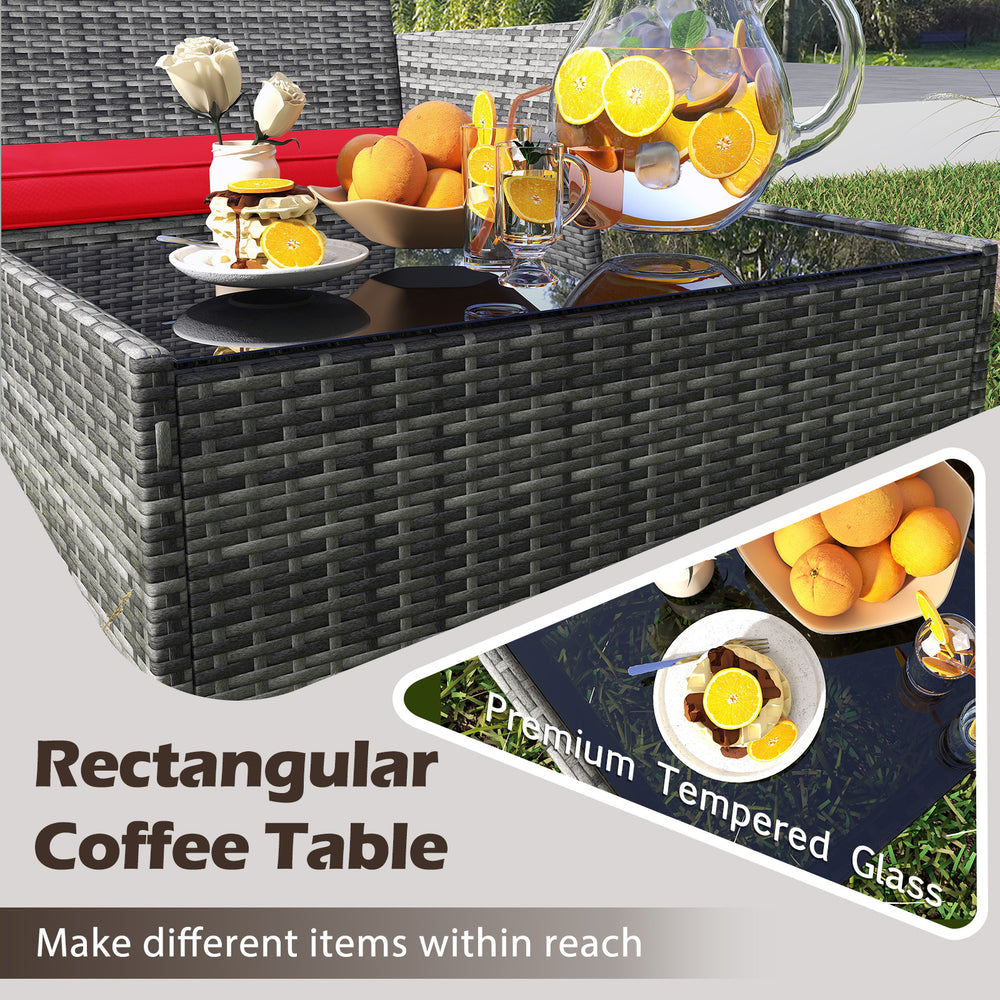 Rectangular coffee table with premium tempered glass, part of a 4-piece patio rattan set, perfect for outdoor.