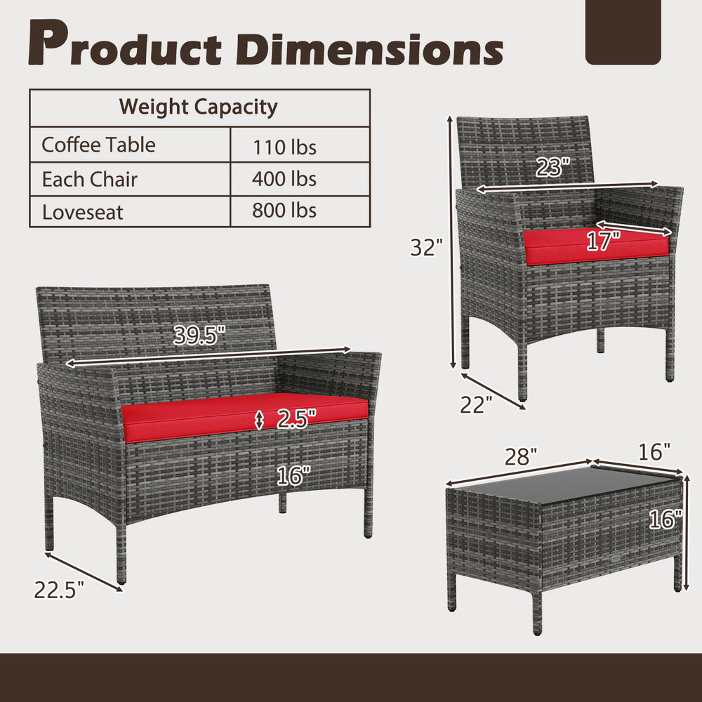 Dimensions of the 4 Pieces Patio Rattan Conversation Set with red cushions and tempered glass coffee table for outdoor.