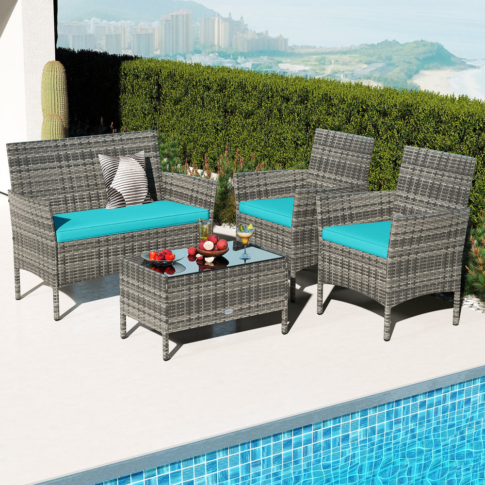 4 Pieces Patio Rattan Conversation Set with Tempered Glass Coffee Table-Turquoise - Gallery View 1 of 9