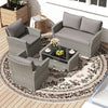 4-piece gray patio rattan furniture set with loveseat, armchairs, and coffee table, ideal for outdoor relaxation.