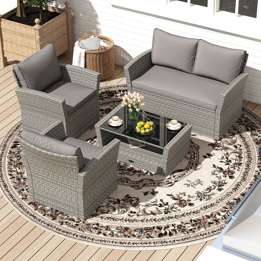4 Pieces Patio Rattan Furniture Set Sofa Table with Storage Shelf Cushion-Gray - Gallery View 1 of 10