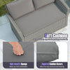 Soft gray cushions on a patio loveseat, featuring high-density sponge for comfort and zippered covers for easy cleaning.