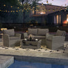 Gray 4-piece patio rattan furniture set with two armchairs, loveseat, and coffee table, perfect for outdoor relaxation.