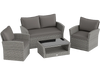 4-piece gray patio rattan furniture set with loveseat, 2 armchairs, and coffee table, featuring soft cushions and.