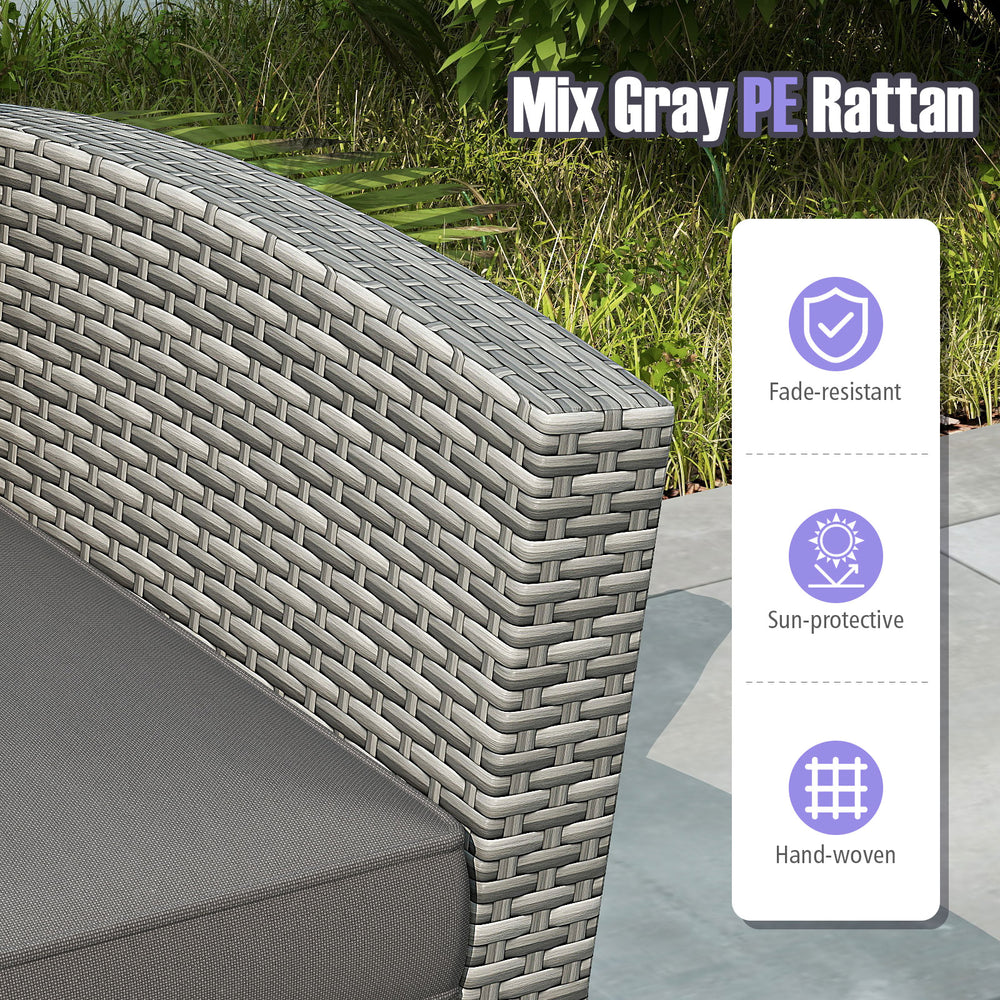 Close-up of the mix gray PE rattan texture on the armrest of a patio sofa, showcasing its fade-resistant and hand-woven.