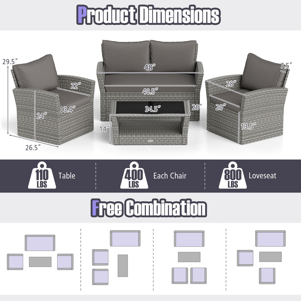 Dimensions of the 4 Pieces Patio Rattan Furniture Set with gray cushions, including loveseat, armchairs, and coffee.