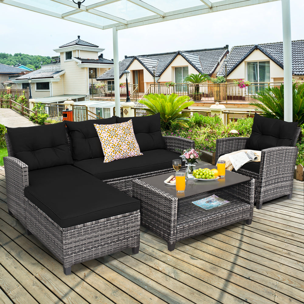 4 Pieces Patio Rattan Sofa Furniture Set with Cushion and 2-Tier Coffee Table-Black - Gallery View 1 of 12