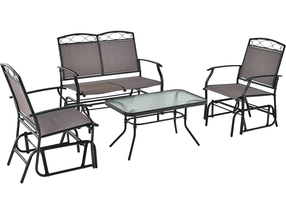 4-piece patio glider conversation set with brown fabric seats and tempered glass table, perfect for backyard relaxation.