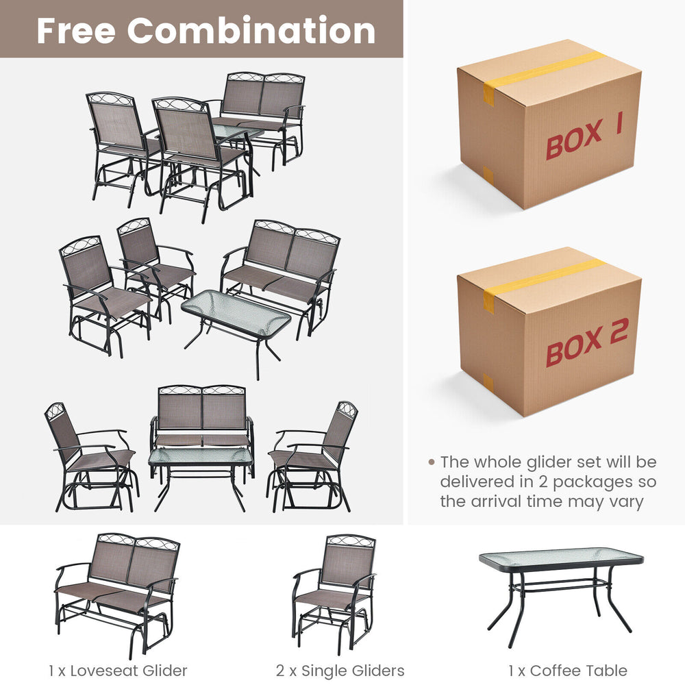 4-piece patio glider conversation set with brown fabric, tempered glass table, ideal for backyard or poolside.