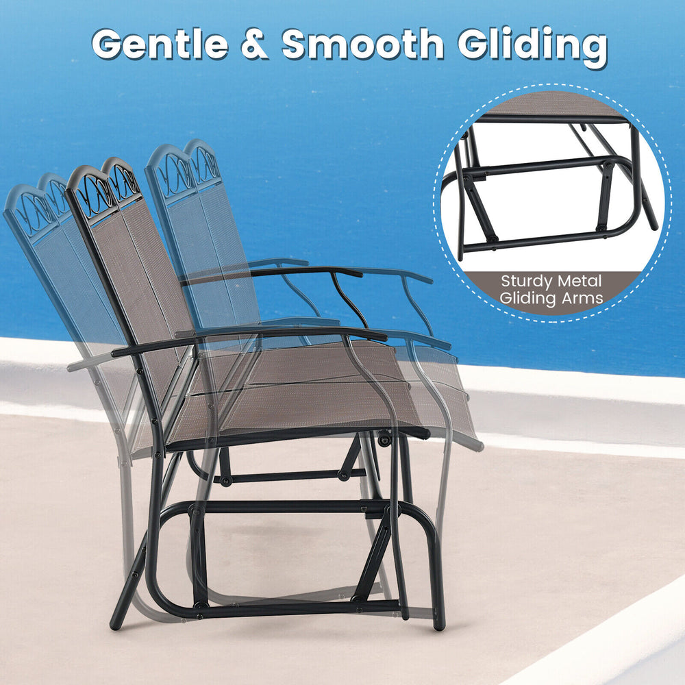 Patio glider set featuring sturdy metal gliding arms and ergonomic design, perfect for backyard relaxation.