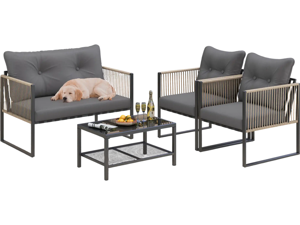 Outdoor PE rattan conversation sofa set with grey cushions, featuring a loveseat and two chairs, ideal for patio.