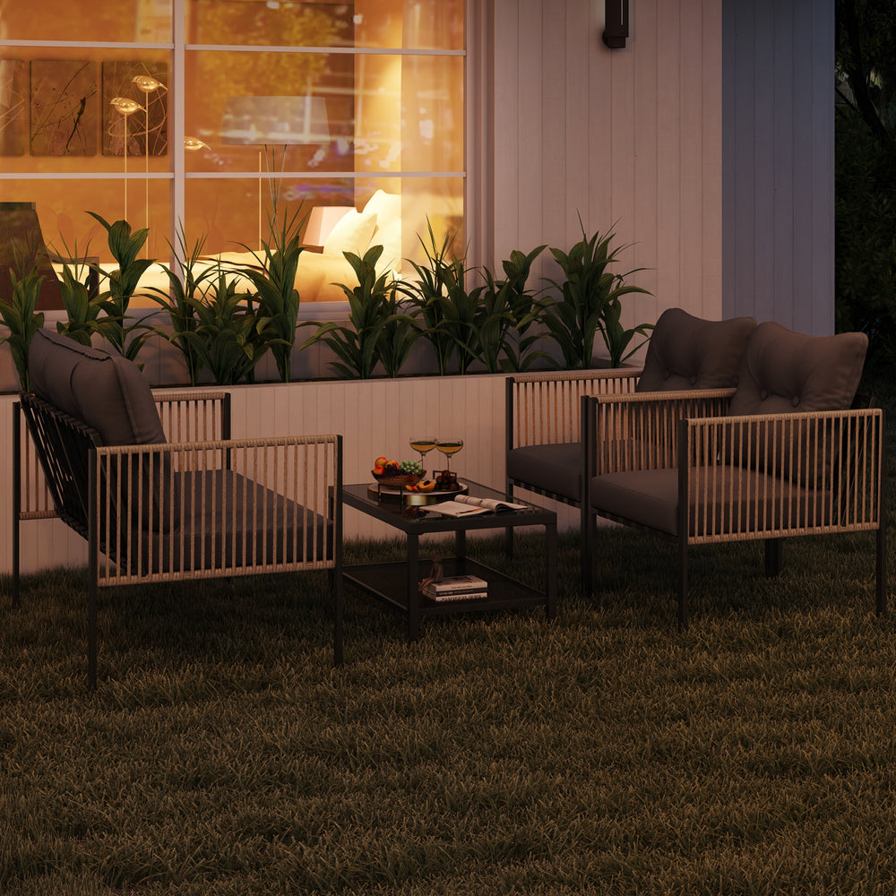 Outdoor PE rattan conversation sofa set with grey cushions, featuring a coffee table, ideal for patio relaxation.