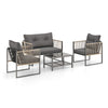 4-piece outdoor PE rattan conversation sofa set with grey cushions, featuring a loveseat, two chairs, and a coffee.