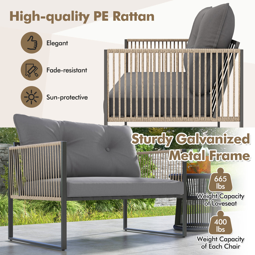Outdoor PE rattan loveseat with grey cushions, sturdy metal frame, ideal for patio relaxation and stylish gatherings.