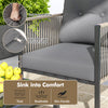 Close-up of the grey cushion on a PE rattan outdoor chair, featuring breathable filling and a washable cover for easy.