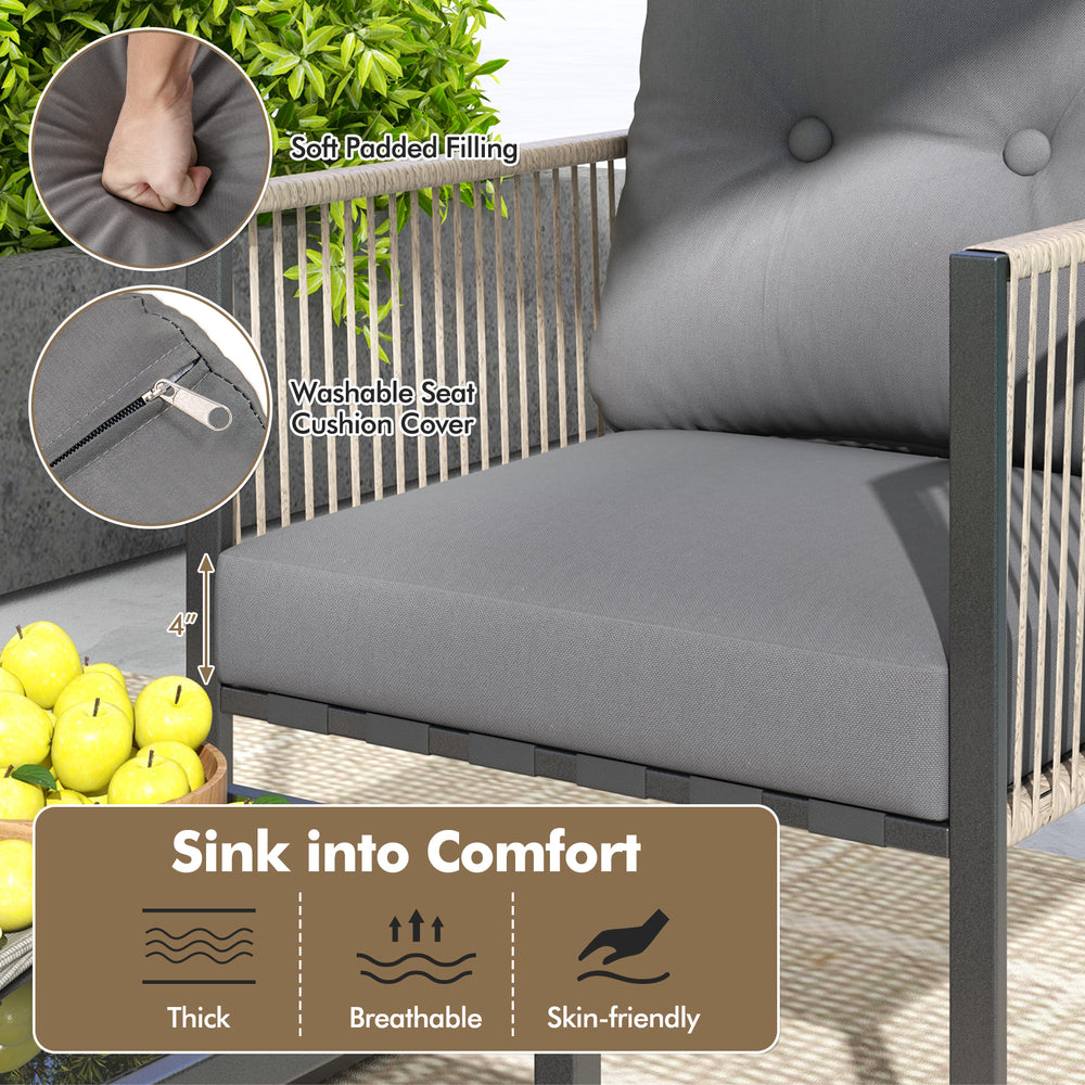 Close-up of the grey cushion on a PE rattan outdoor chair, featuring breathable filling and a washable cover for easy.