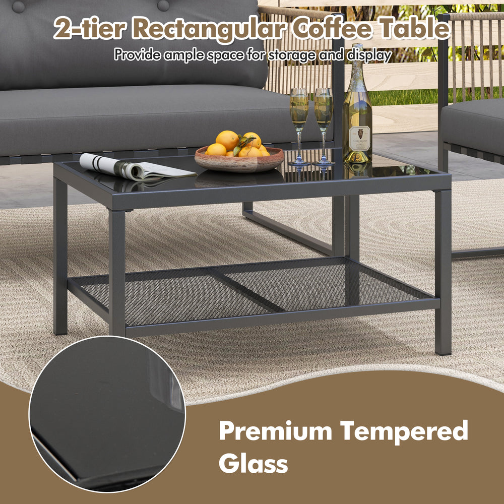 2-tier coffee table with premium tempered glass top, perfect for storage and display in outdoor PE rattan sofa set.