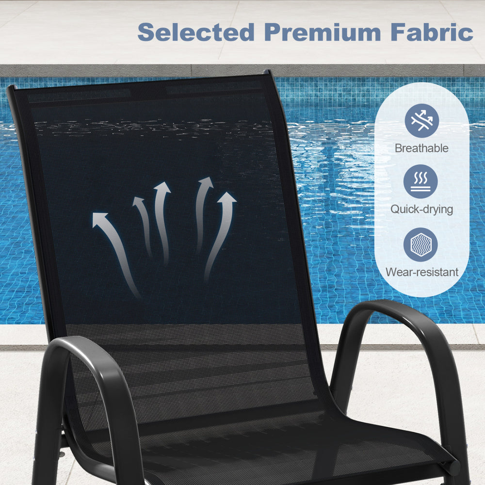 Black stackable patio dining chair with breathable fabric, ergonomic armrest, and incline backrest for outdoor comfort.