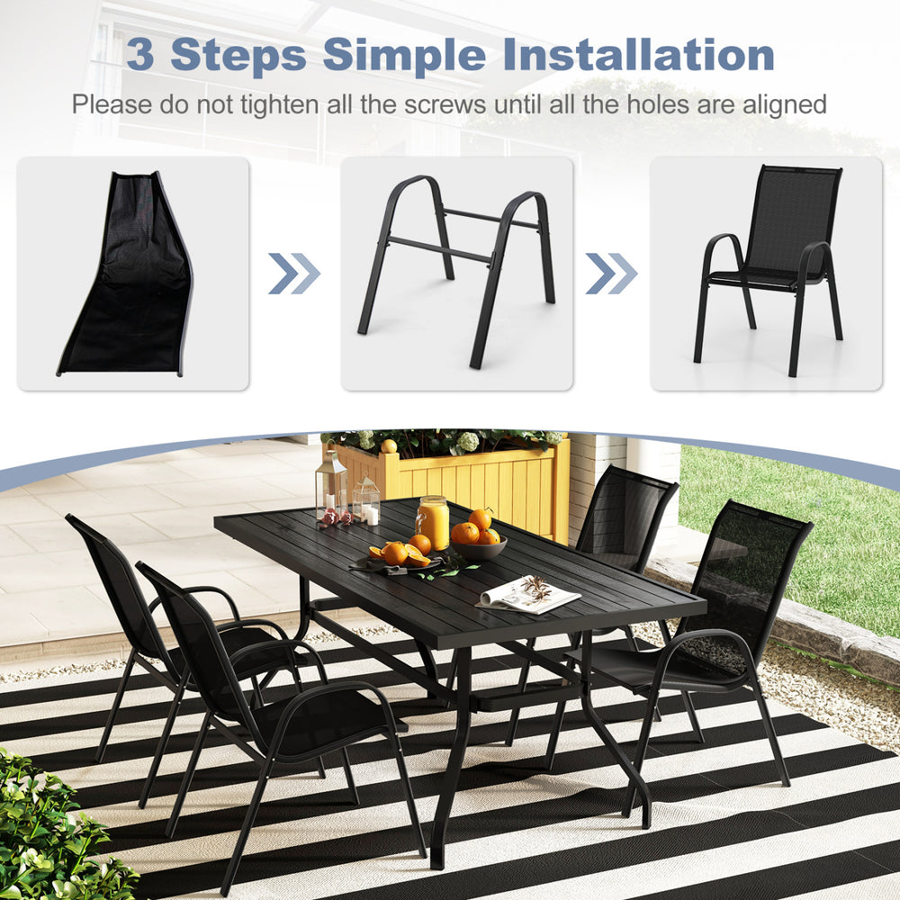 Stackable black patio dining chairs set with ergonomic armrests, lightweight design, and breathable fabric for outdoor.