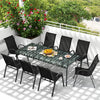 Stackable black patio dining chairs set with ergonomic armrests, perfect for outdoor dining and space-saving.