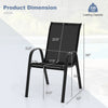 Dimensions of a stackable black patio dining chair with ergonomic armrests, supporting up to 330 lbs for outdoor use.