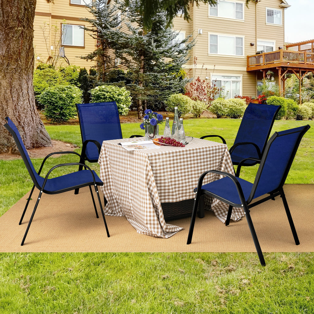 Navy stackable patio dining chairs set with armrests, featuring ergonomic design and lightweight structure for outdoor.