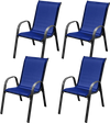 Navy stackable patio dining chairs set of four with ergonomic armrests and breathable fabric for outdoor use.