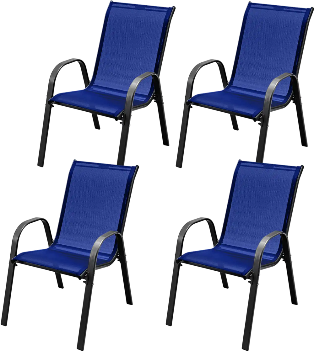 Navy stackable patio dining chairs set of four with ergonomic armrests and breathable fabric for outdoor use.