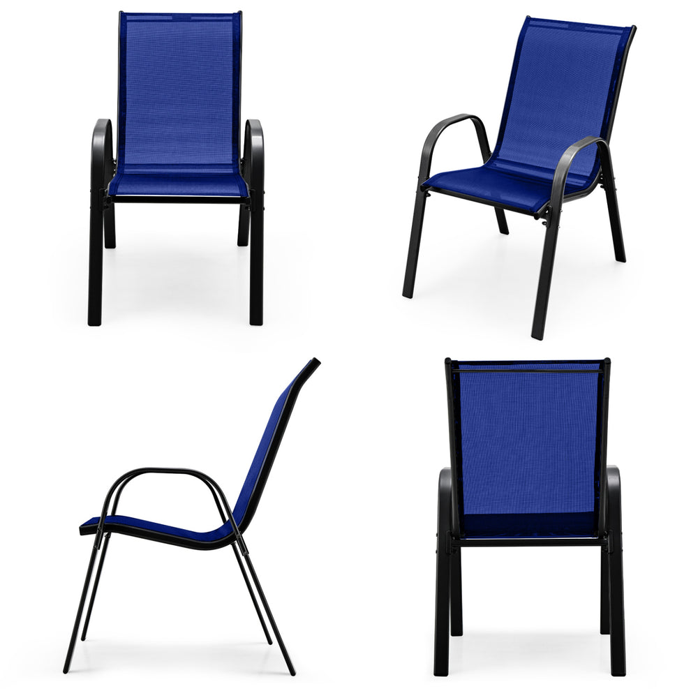 Navy stackable patio dining chair set with ergonomic armrests and breathable fabric, ideal for outdoor dining.