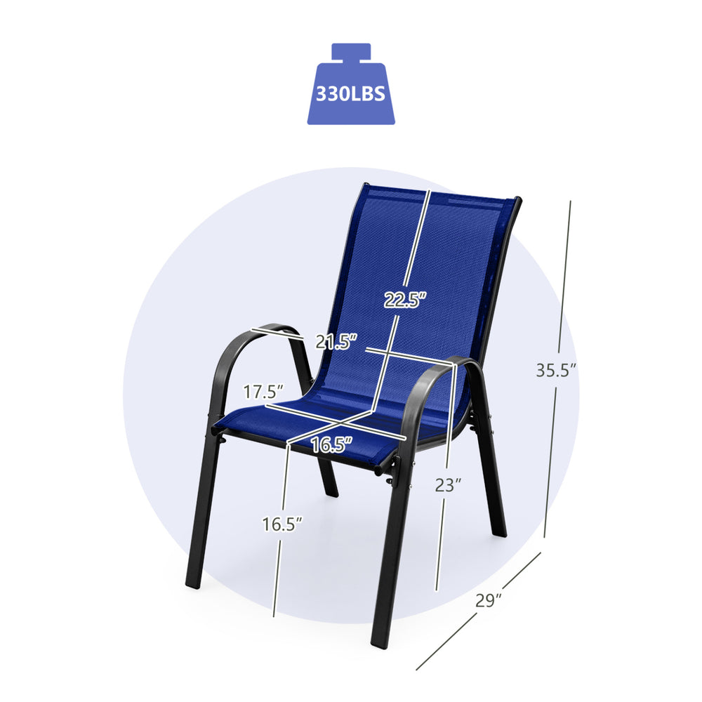 Navy stackable patio dining chair with ergonomic armrest, holding up to 330 lbs, featuring a breathable fabric design.