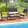 4-piece wicker furniture set featuring acacia wood tabletop, soft cushions, ideal for patio and poolside relaxation.