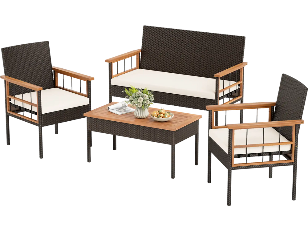 Cozy armchair from the 4-piece wicker furniture set with soft cushion and acacia wood armrests, perfect for outdoor.