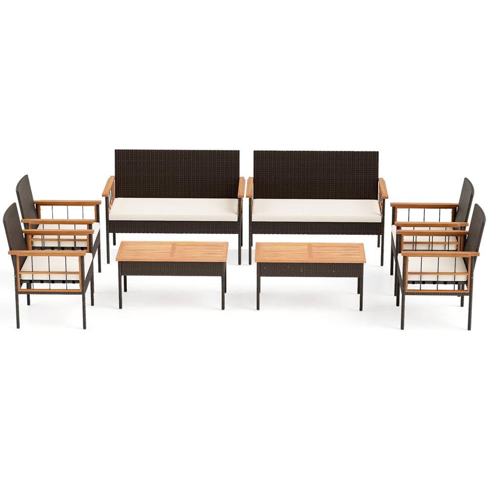 Chic coffee table from the 4-piece wicker furniture set, featuring a solid acacia wood top, perfect for outdoor.