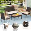 Ergonomic backrest and soft cushion of a chair from the 4-piece wicker furniture set for comfortable outdoor seating.