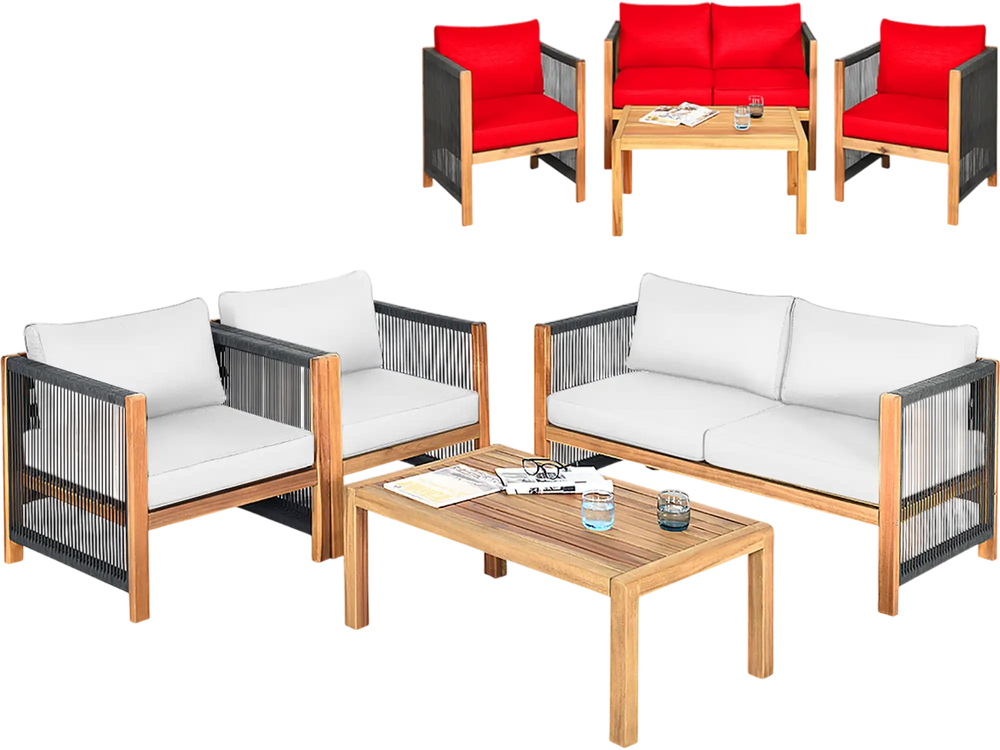 4-piece wood outdoor patio furniture set with red cushions, featuring a sturdy frame and elegant nylon rope armrests.