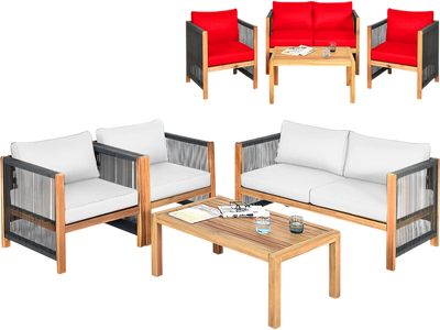 Costway 4-Piece Wood Outdoor Patio Furniture Set with Cushions Garden 927348156 New