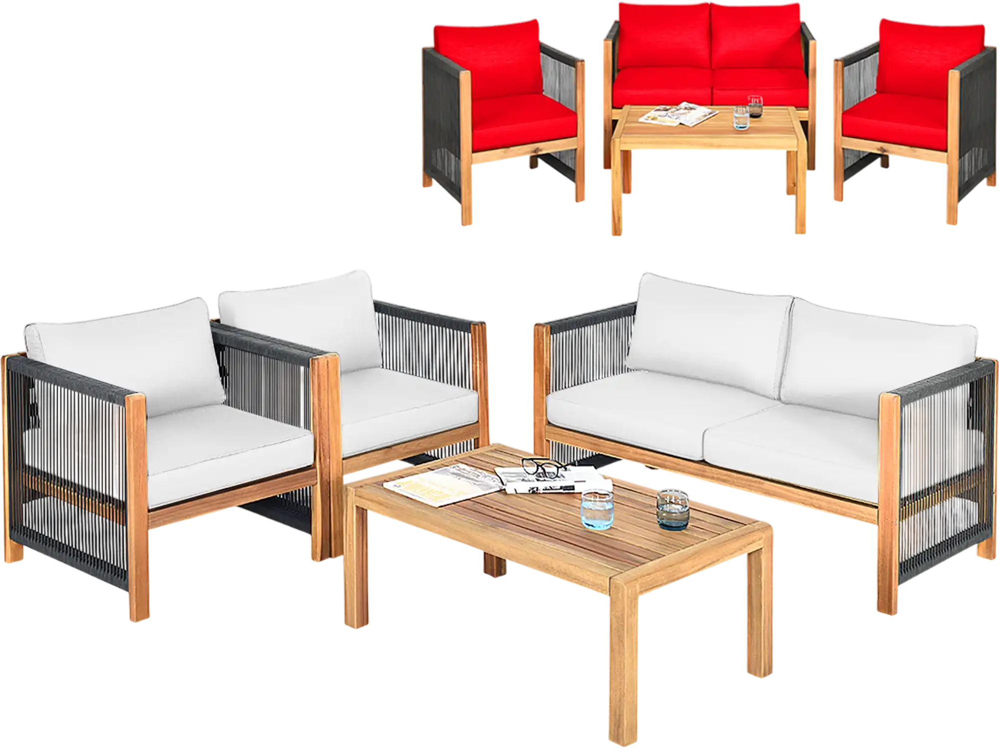 Costway 4-Pc Wood Outdoor Patio Furniture Set with Cushions Garden 927348156 New