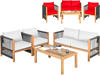 4-piece wood outdoor patio furniture set with red cushions, featuring a sturdy frame and elegant nylon rope armrests.