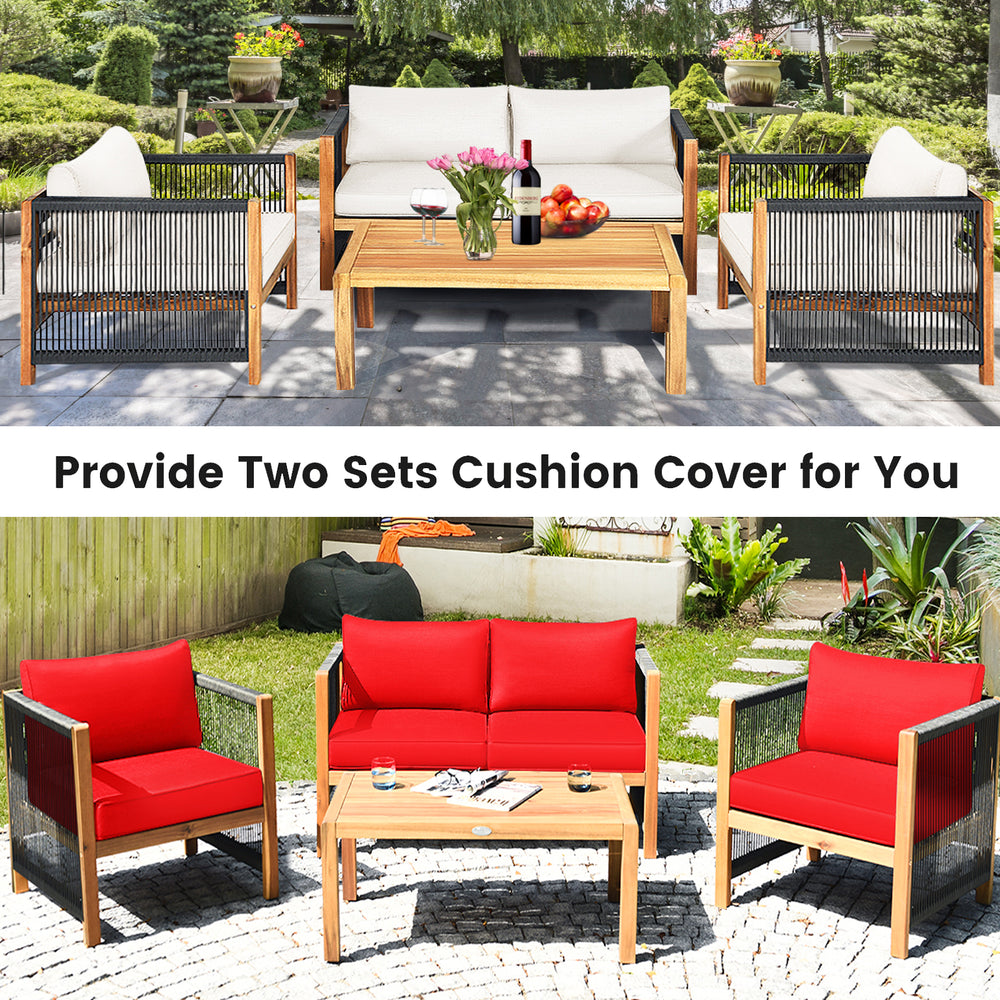 Two sets of removable red cushion covers for the 4-piece wood outdoor patio furniture set, offering versatile style.