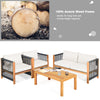 4-piece outdoor patio furniture set with acacia wood frame and soft cushions, ideal for garden or poolside relaxation.