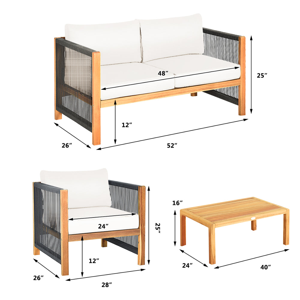 Wood outdoor patio furniture set with cushions, featuring a sturdy frame and elegant nylon rope armrests, ideal for.