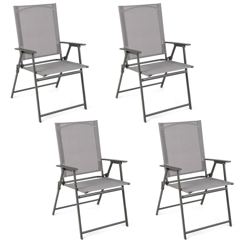 Set of 4 gray patio folding chairs with rustproof metal frames, featuring high backrests and portable design for easy.