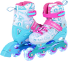Adjustable blue and pink kids inline skates with light-up wheels, designed for comfort and secure fit during skating.
