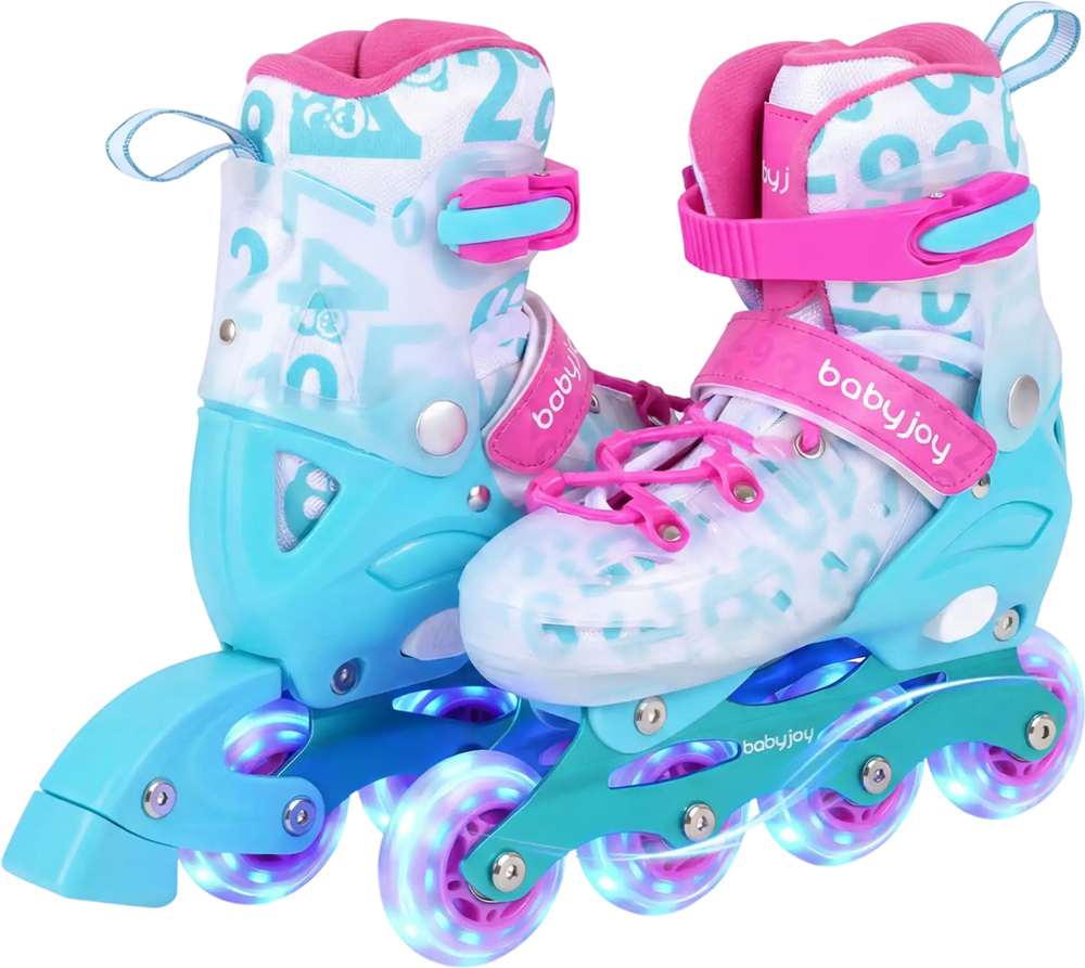 Adjustable blue and pink kids inline skates with light-up wheels, designed for comfort and secure fit during skating.